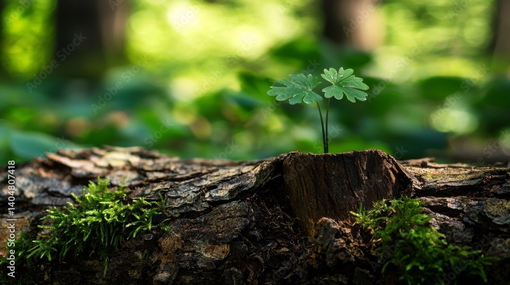 Tiny flower growing on mossy forest log in sunlight Tiny flower growing on mossy forest log in sunlight