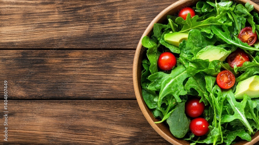 Fresh arugula salad with avocado and cherry tomatoes in wooden bowl. Fresh arugula salad with avocado and cherry tomatoes in wooden bowl.