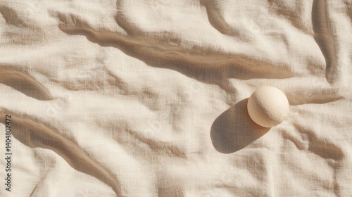 A white ball rests on a beige fabric.