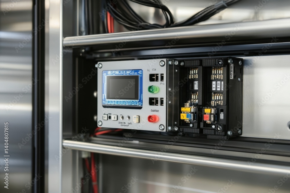 Control panel with digital display and circuit breakers in a cabinet Control panel with digital display and circuit breakers in a cabinet
