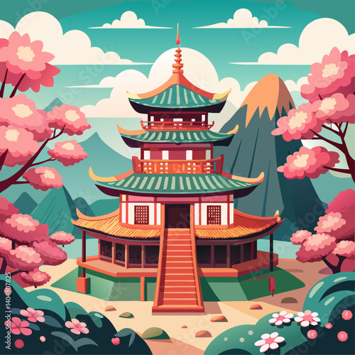 A beautiful Japanese temple with a pink cherry blossom tree in the background. The temple is surrounded by a lush green forest and a mountain range in the distance. The scene is serene and peaceful