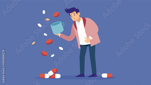 A man throwing away his miracle diet pills after realizing their false promises.. Vector illustration