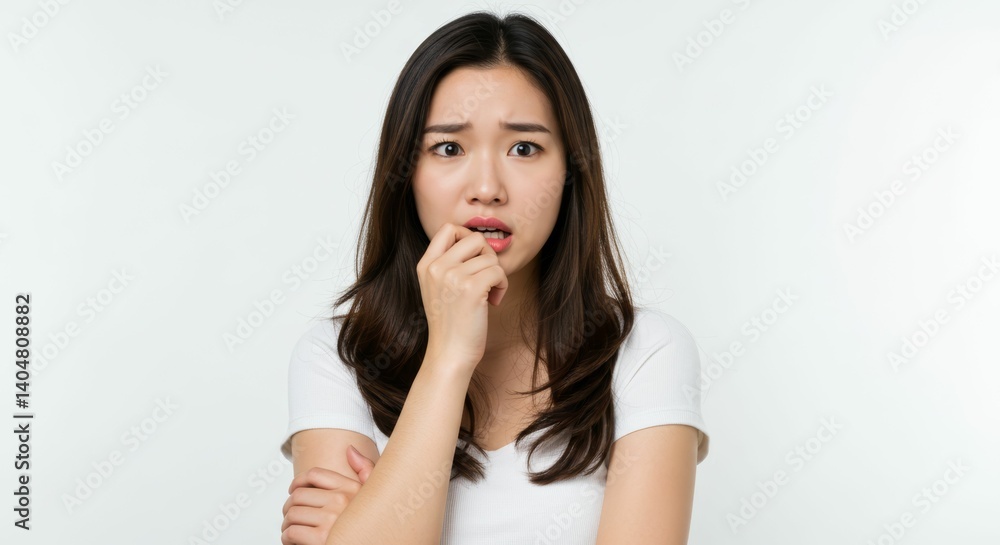 Anxious young Korean woman biting lip against a plain white background showcasing emotion Anxious young Korean woman biting lip against a plain white background showcasing emotion