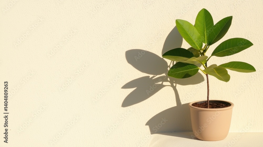 A small plant in a light brown pot sits on a white ledge against a light beige wall. A small plant in a light brown pot sits on a white ledge against a light beige wall.