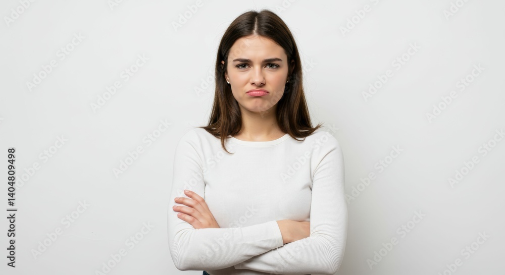 Annoyed young woman with crossed arms on white backdrop exhibiting frustration Annoyed young woman with crossed arms on white backdrop exhibiting frustration