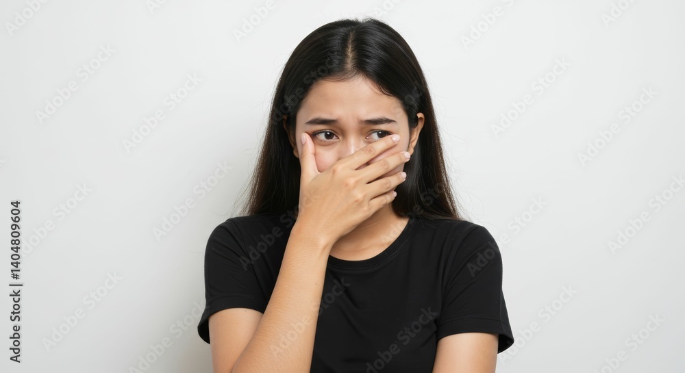 Shy Indonesian woman with hand covering face, expressing embarrassment on white backdrop Shy Indonesian woman with hand covering face, expressing embarrassment on white backdrop