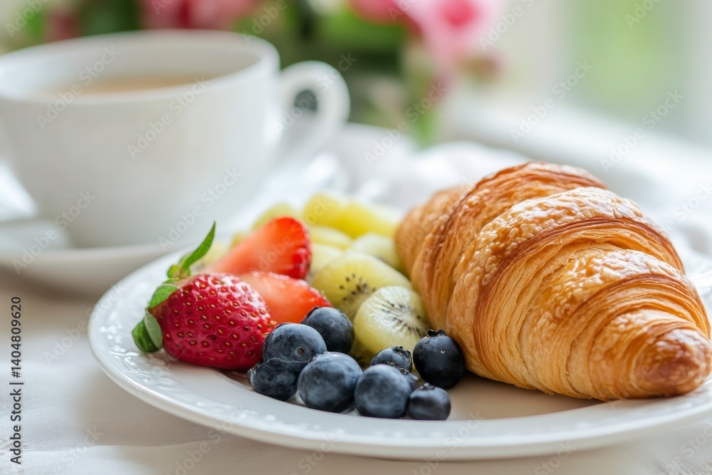 Fresh Pastry with Fruits and Coffee on a Bright Morning Table Fresh Pastry with Fruits and Coffee on a Bright Morning Table