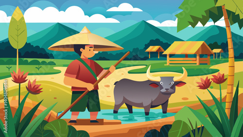A man is feeding a cow in a field. The cow is black and white. The man is wearing a red shirt
