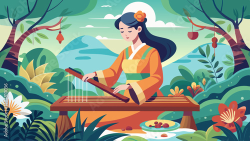 A woman is playing a stringed instrument in a lush green forest. The scene is peaceful and serene, with the woman's focus on her music