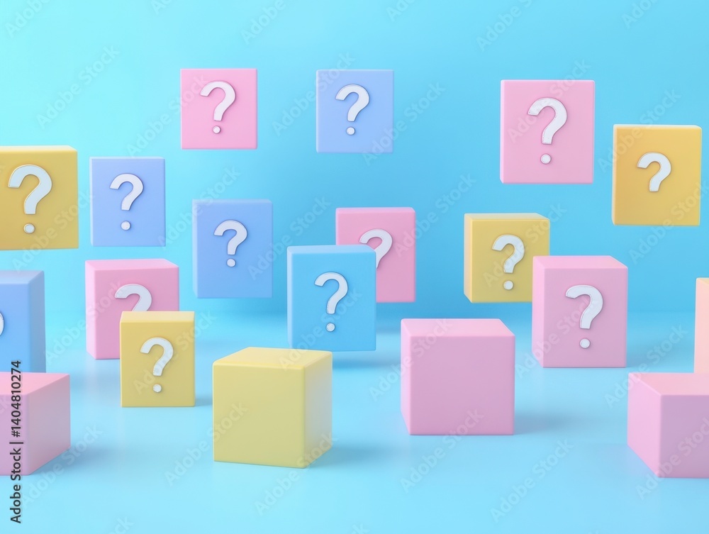 Colorful Question Marks on Cubes in a Bright Blue Background Colorful Question Marks on Cubes in a Bright Blue Background