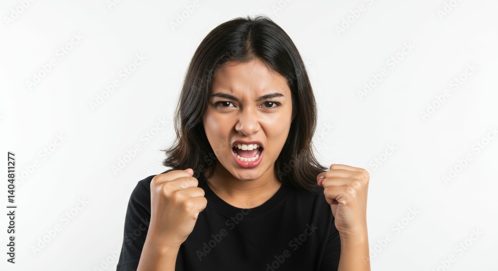 Determined young woman with clenched fists and intense expression on white background Determined young woman with clenched fists and intense expression on white background