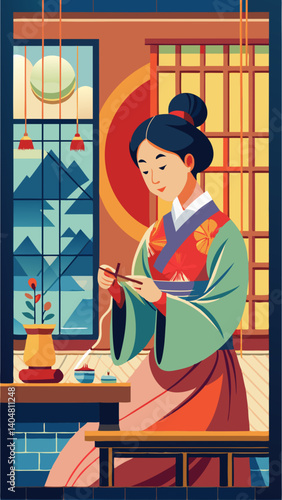 A woman is sitting at a desk with a bowl of flowers in front of her. She is working on a project, possibly sewing or knitting. The room is decorated with Asian-inspired elements, such as a vase