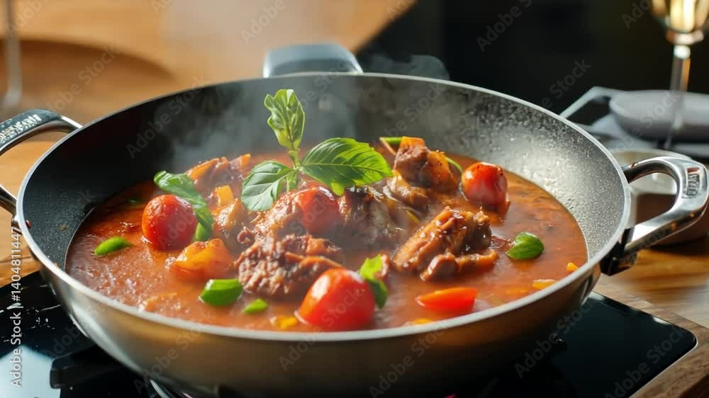 Steaming Beef Stew in Cast Iron: A delicious and hearty beef stew simmers in a cast iron skillet, with fragrant vegetables and herbs adding a burst of flavor to the savory dish. Steaming Beef Stew in Cast Iron: A delicious and hearty beef stew simmers in a cast iron skillet, with fragrant vegetables and herbs adding a burst of flavor to the savory dish.