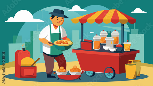 A man is cooking food under an umbrella. The food includes pizza, pancakes, and other dishes