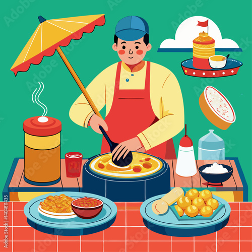 A man is cooking food under an umbrella. The food includes pizza, pancakes, and other dishes