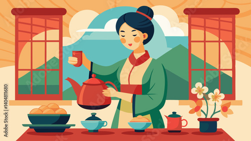 A woman is pouring tea into cups on a table. The table has several cups and a teapot. The woman is wearing a traditional outfit, and the scene has a warm and inviting atmosphere