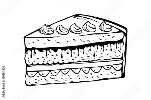 Black And White Hand Drawn Illustration Of A Cake Slice Decorated With Cream And Chocolate Dripping Design