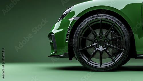 Close-up view of a glossy green sports car highlighting its sleek design and black alloy wheels against a smooth green background