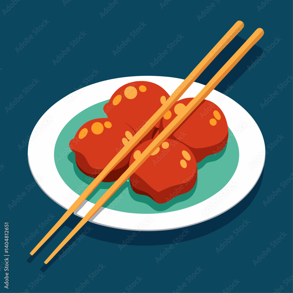 A plate of food with chopsticks on it. The food is red and looks delicious. The plate is white and the background is blue A plate of food with chopsticks on it. The food is red and looks delicious. The plate is white and the background is blue