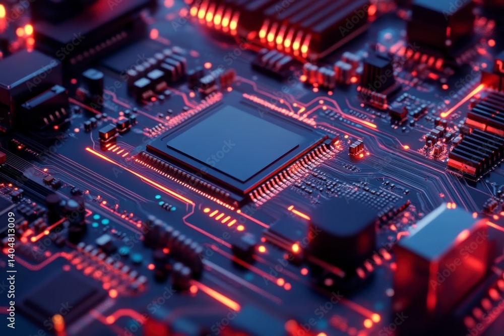 Abstract Circuit Board Close-Up with Red Lights and Fine Details Abstract Circuit Board Close-Up with Red Lights and Fine Details