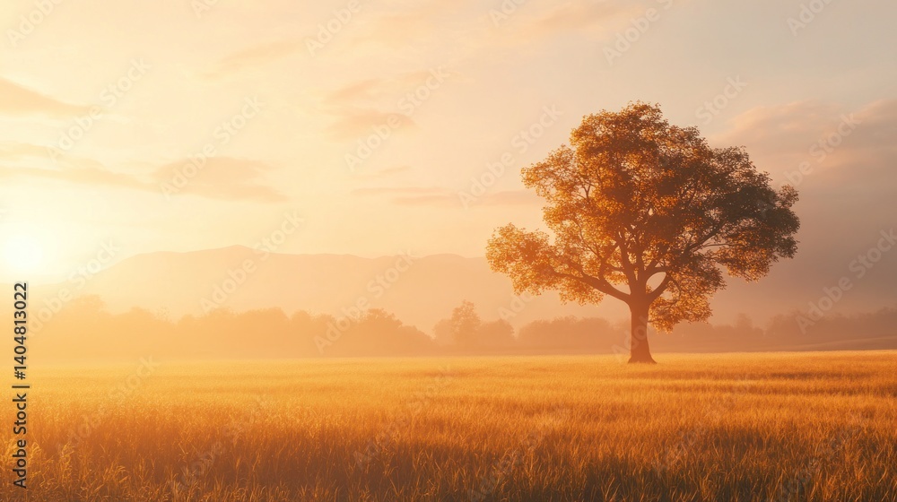 Golden hour bathes a solitary tree in a serene rural landscape Golden hour bathes a solitary tree in a serene rural landscape