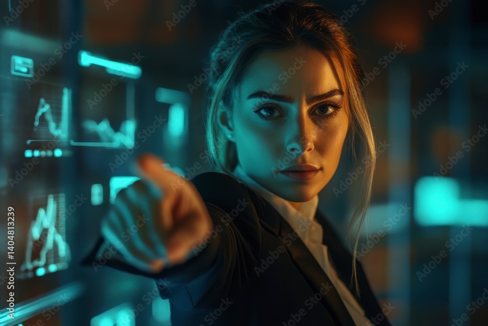 Confident Businesswoman Analyzing Data in Modern Office Environment Confident Businesswoman Analyzing Data in Modern Office Environment