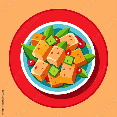 A plate of food with a variety of vegetables and meat. The plate is on a red background