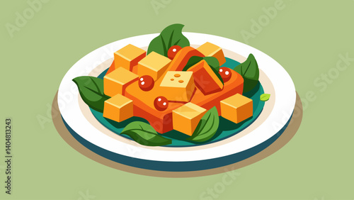 A plate of food with a variety of vegetables and meat. The plate is on a red background
