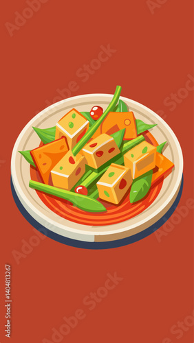 A plate of food with a variety of vegetables and meat. The plate is on a red background