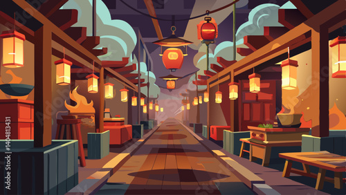 A street scene with a long walkway with many tents and lanterns. The scene is set at night and has a warm, inviting atmosphere