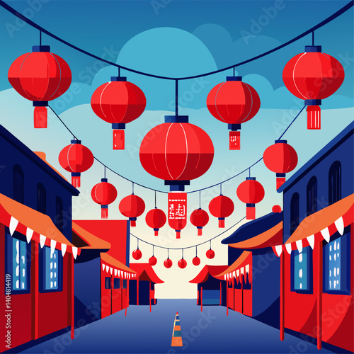 The street is decorated with red lanterns hanging from the ceiling, creating a festive and lively atmosphere. The lanterns are of various sizes and are suspended at different heights