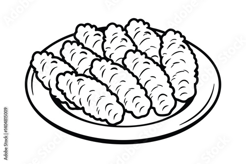 Plate Of Fried Chicken Tenders Isolated Black And White Vector Illustration Appetizing Crispy Battered Food Fast Food Meal Delicious Snack