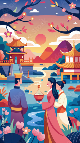 A couple is getting married in a beautiful setting with a sunset in the background. The man is holding a cup in his hand, and the woman is wearing a traditional Chinese dress