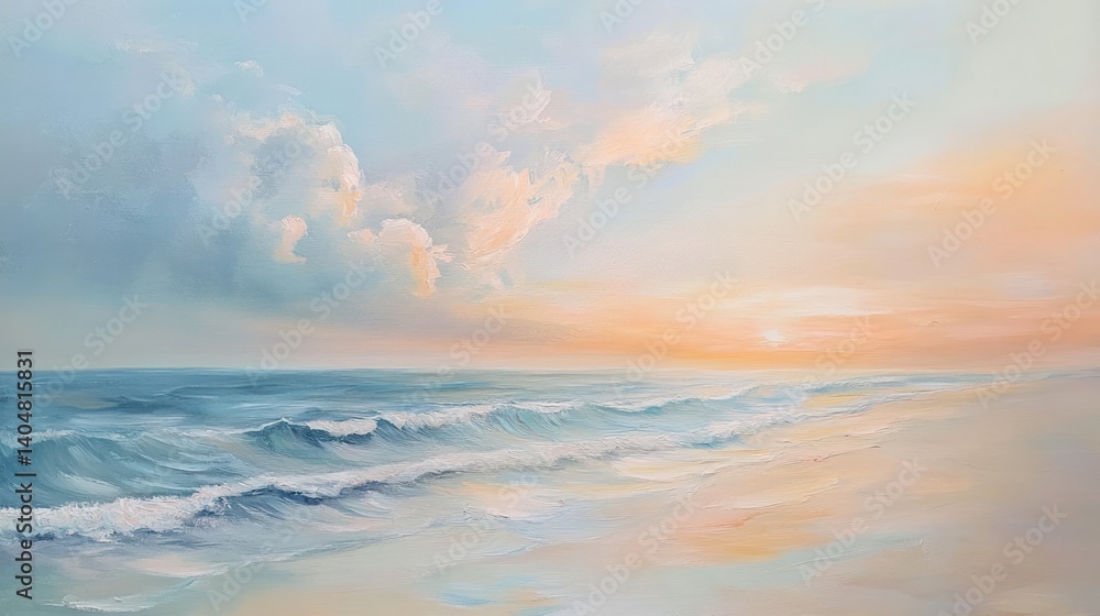 Obraz premium Serene Seascape, A Dreamy Impression of Tranquil Shoreline at Sunset