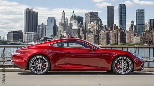 Red sports car parked beside a city waterfront.