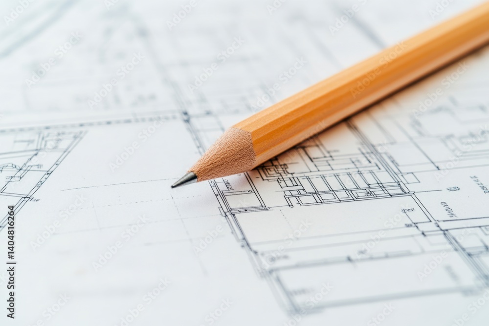 Drafting Pencil on Architectural Blueprint with Fine Details