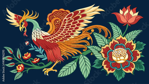 A colorful bird with a flower in its beak is perched on a red background. The bird is surrounded by a variety of flowers, including roses and daisies. Scene is vibrant and lively, with the bird