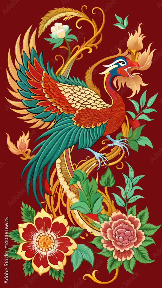 A colorful bird with a flower in its beak is perched on a red background. The bird is surrounded by a variety of flowers, including roses and daisies. Scene is vibrant and lively, with the bird A colorful bird with a flower in its beak is perched on a red background. The bird is surrounded by a variety of flowers, including roses and daisies. Scene is vibrant and lively, with the bird
