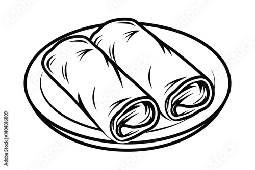 Monochrome Illustration Of Two Spring Rolls On A Plate Perfect For Asian Cuisine Designs And Restaurant Menus