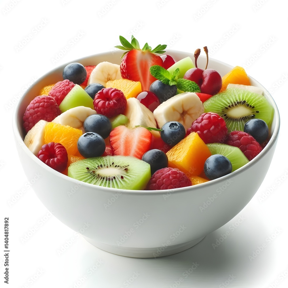 White bowl of fresh fruit salad isolated on white background. Healthy summer meal White bowl of fresh fruit salad isolated on white background. Healthy summer meal