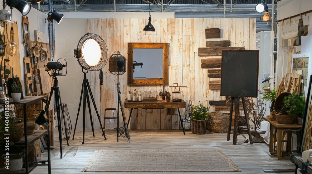 Art studio with painting supplies and lights