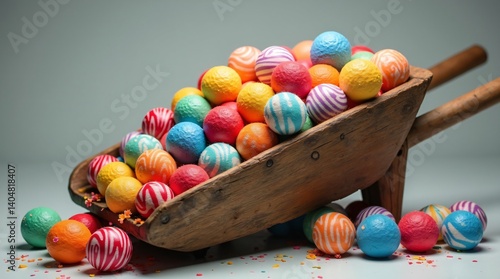 Colorful Easter eggs spilling from a vintage wheelbarrow, creating a festive atmosphere for spring celebrations