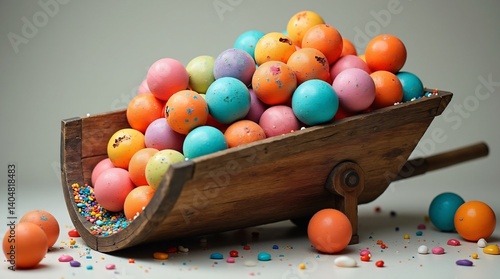 Colorful candy balls fill a rustic wooden wheelbarrow in a playful arrangement on a light background