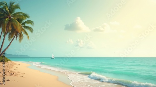 Wallpaper Mural Tropical beach with palm trees and a sailboat on a calm ocean during sunset Torontodigital.ca