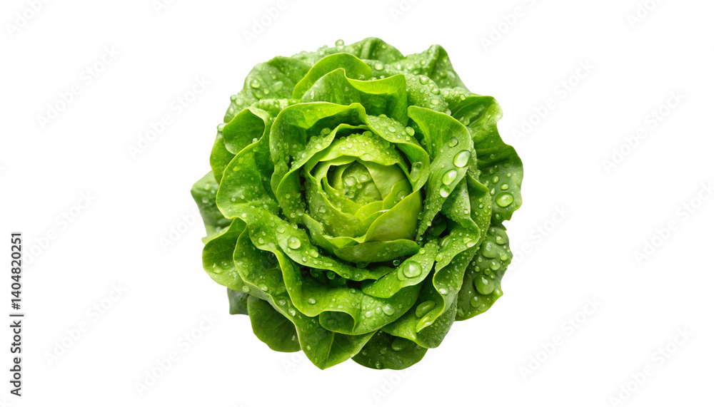 Obraz premium Fresh Green Lettuce Head with Dew Drops Isolated on White Background A Vibrant and Healthy Vegetable