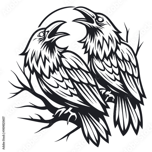 Two Ravens Vocalizing Perched on Branch with Transparent Background Silhouette Style