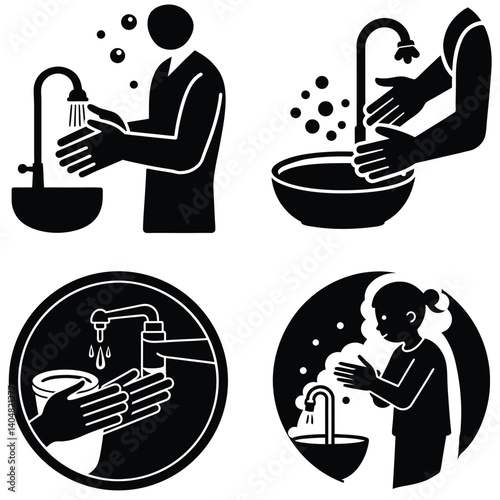 Hand Wash Vector Silhouetted Bundle Set Collection. Typoghraphy and Logo Desing Vector