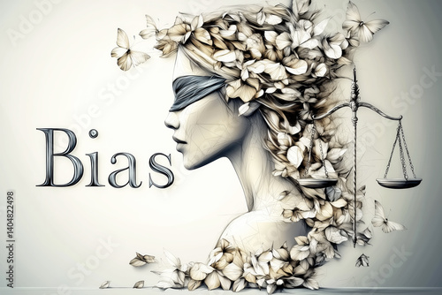 Delicate illustration of Lady Justice composed of organic elements like leaves or butterflies, with scales and the word bias.