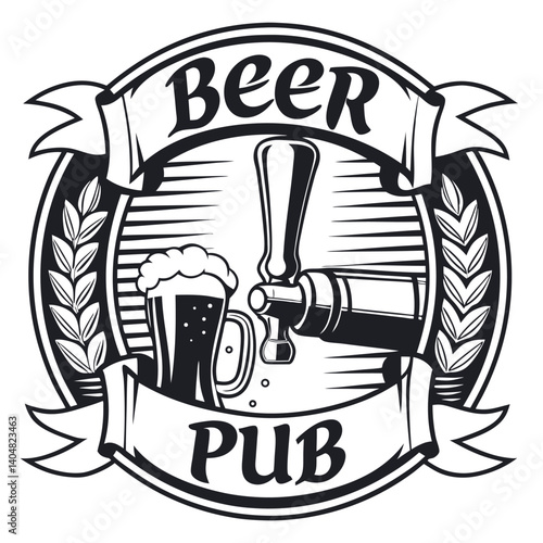 Beer Pub with Glass, Tap, Banner, and Wheat in Black and White