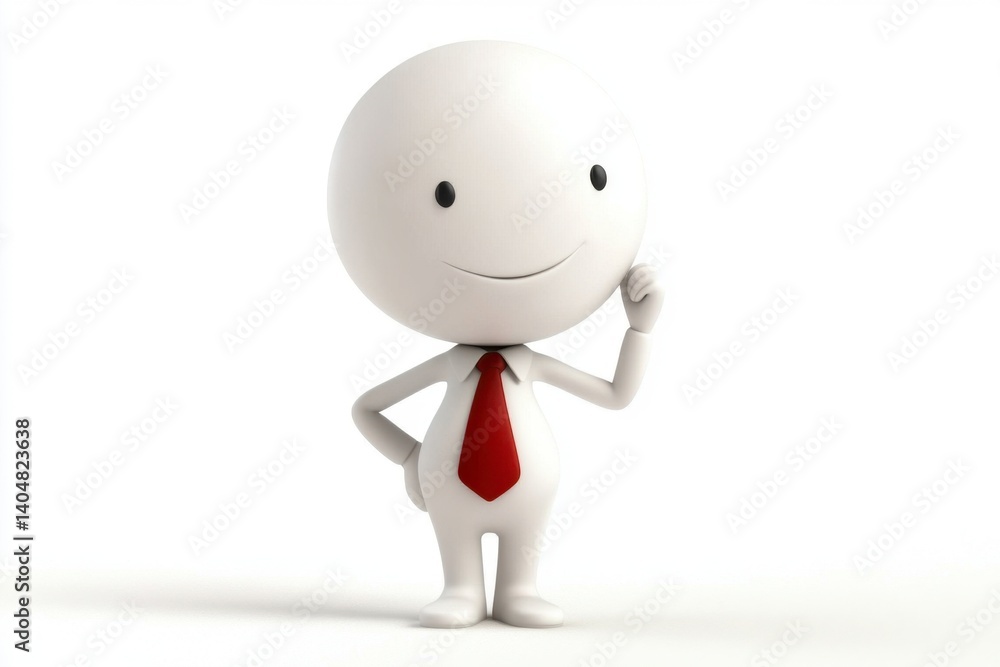 Friendly 3D character with red tie thinking and smiling on white background Friendly 3D character with red tie thinking and smiling on white background